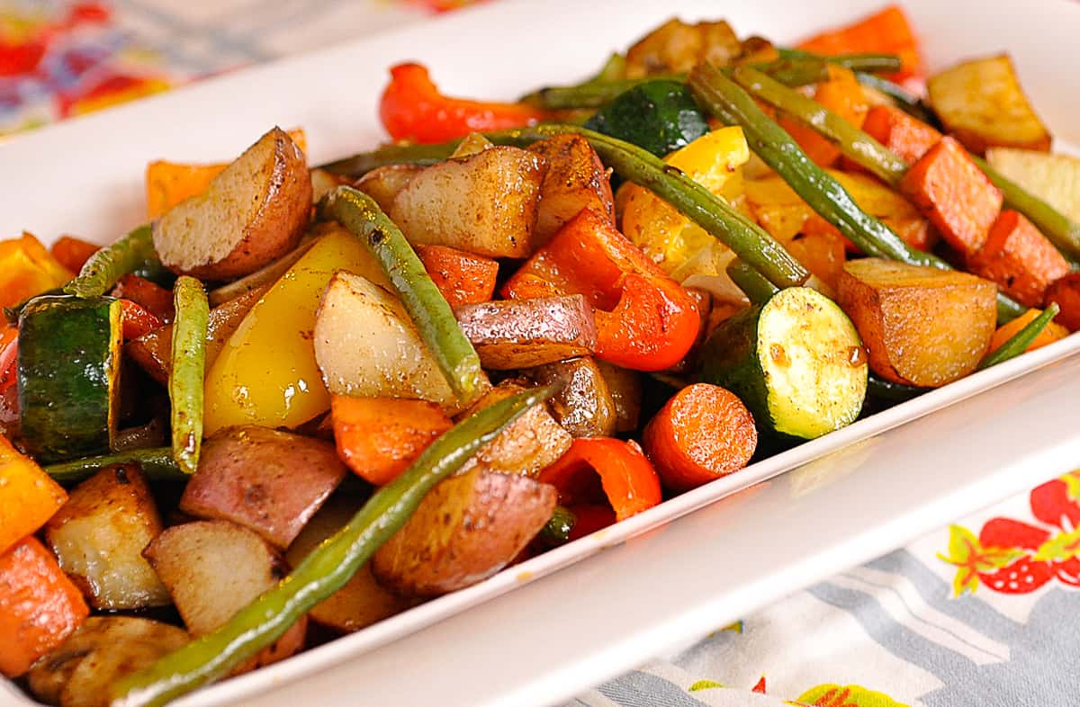 white bowl of roasted vegetables