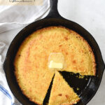 overhead shot of cast iron skillet of cornbread