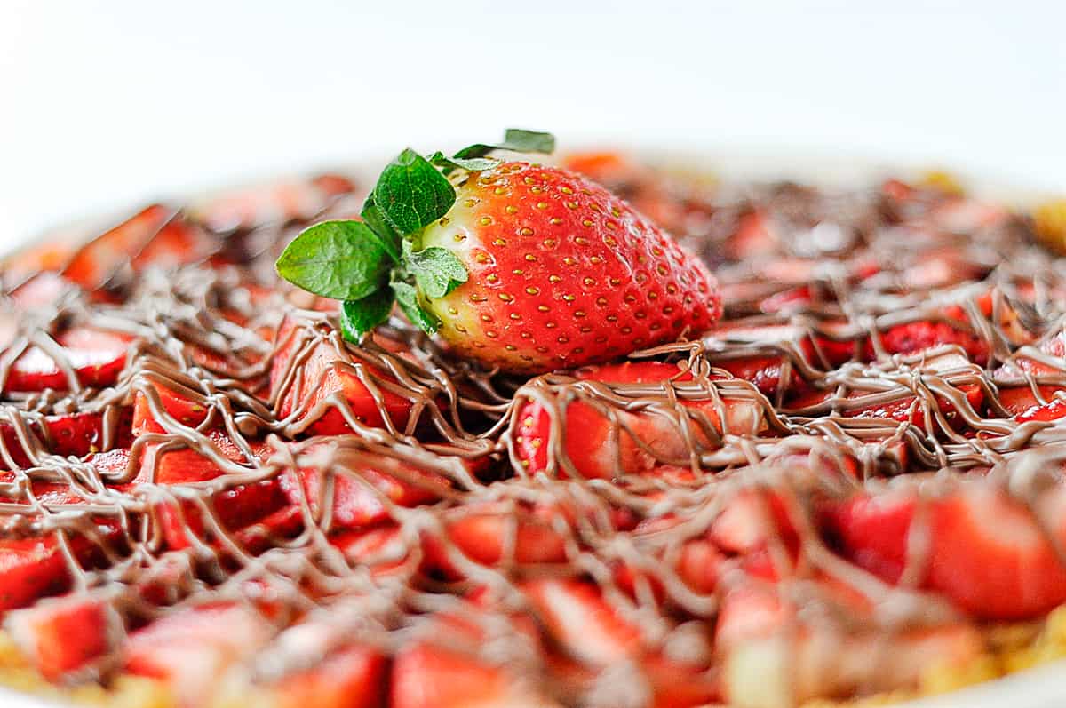 closeup of strawberry chocolate pie