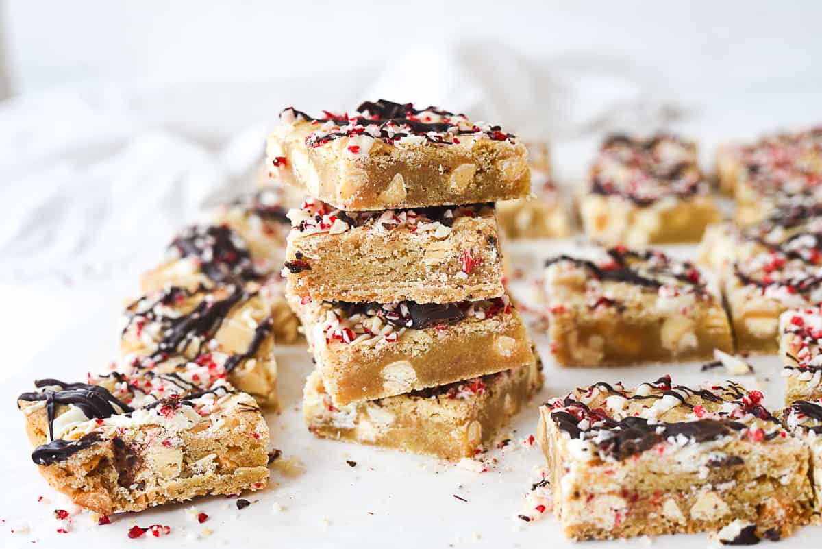 squares of peppermint white chocolate blondies