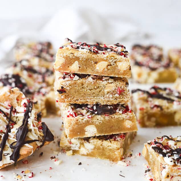 white chocolate peppermint blondies in a stack