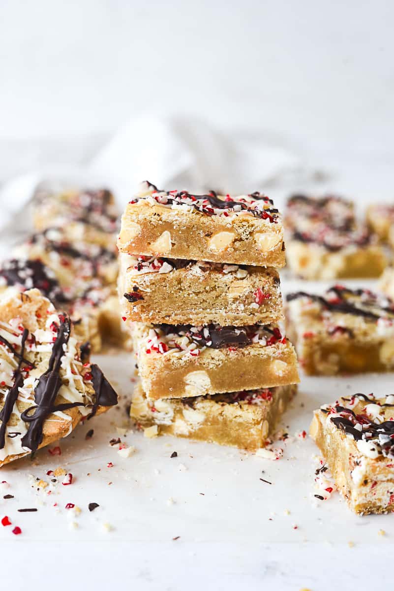 white chocolate peppermint blondies in a stack