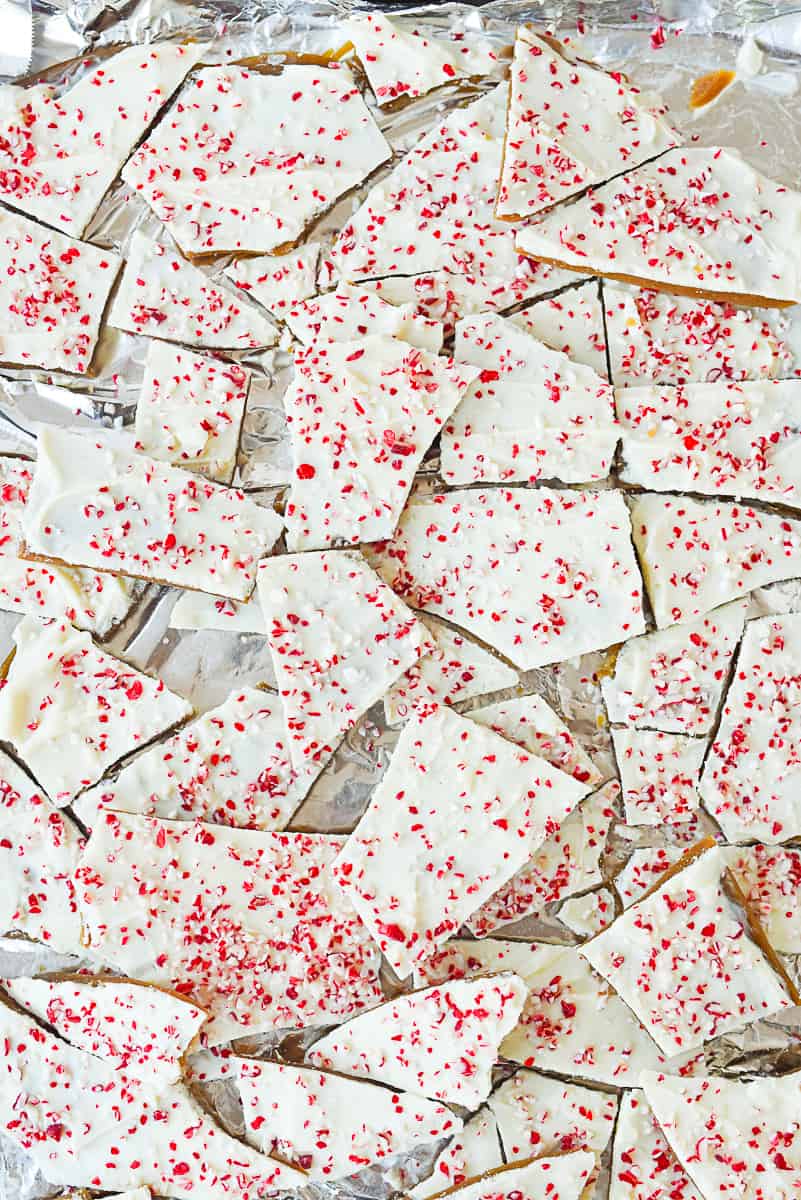 overhead shot of broken pieces of toffee