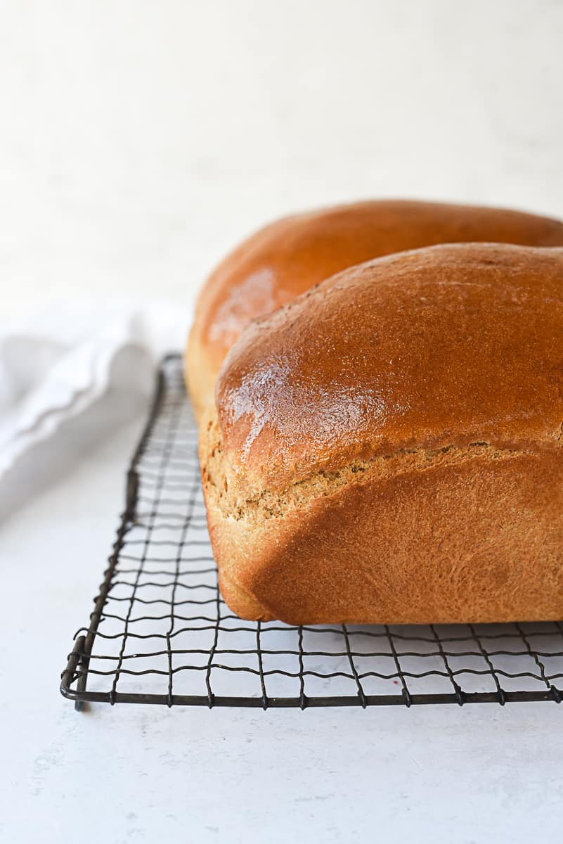 TWO LOAVES OF BREAD ON A COOLING RACK