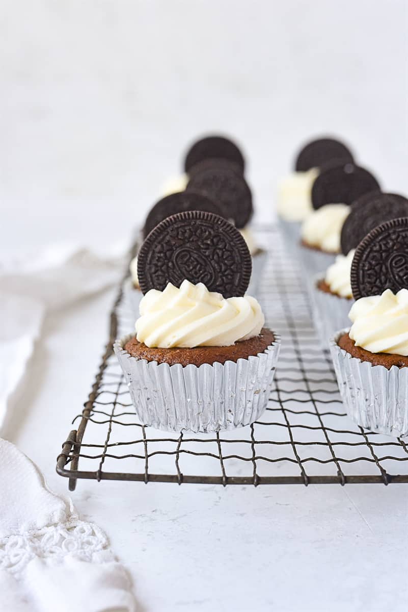 oreo cupcakes on a rack