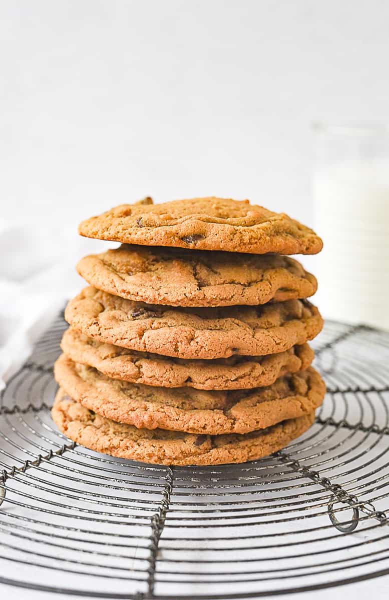 stack of small batch chocolate chip cookies