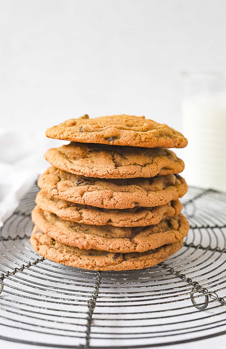 stack of small batch chocolate chip cookies