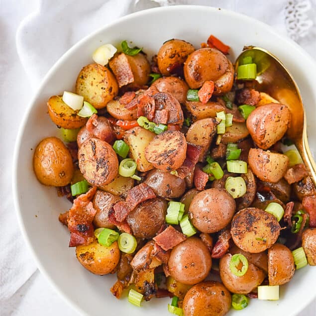 overhead shot of breakfast potatoes in a bowl