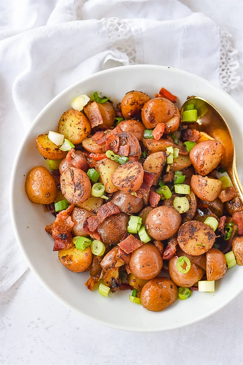 overhead shot of breakfast potatoes in a bowl