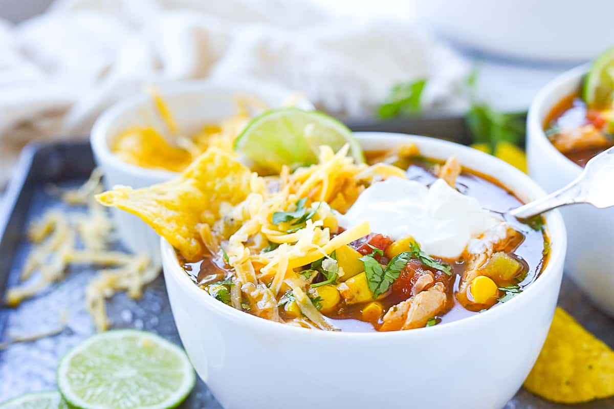 closeup of a bowl of chicken tortilla soup