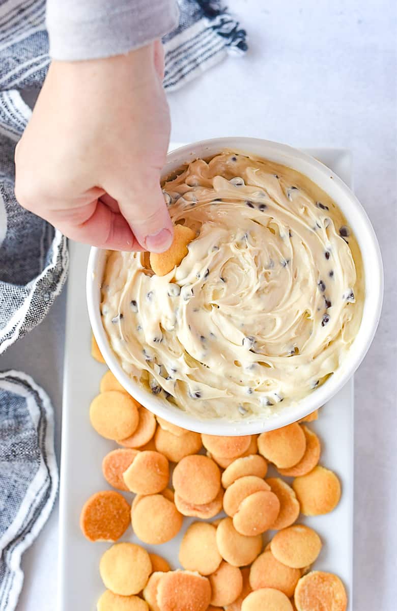 dipping into chocolate chip cookie dough dip