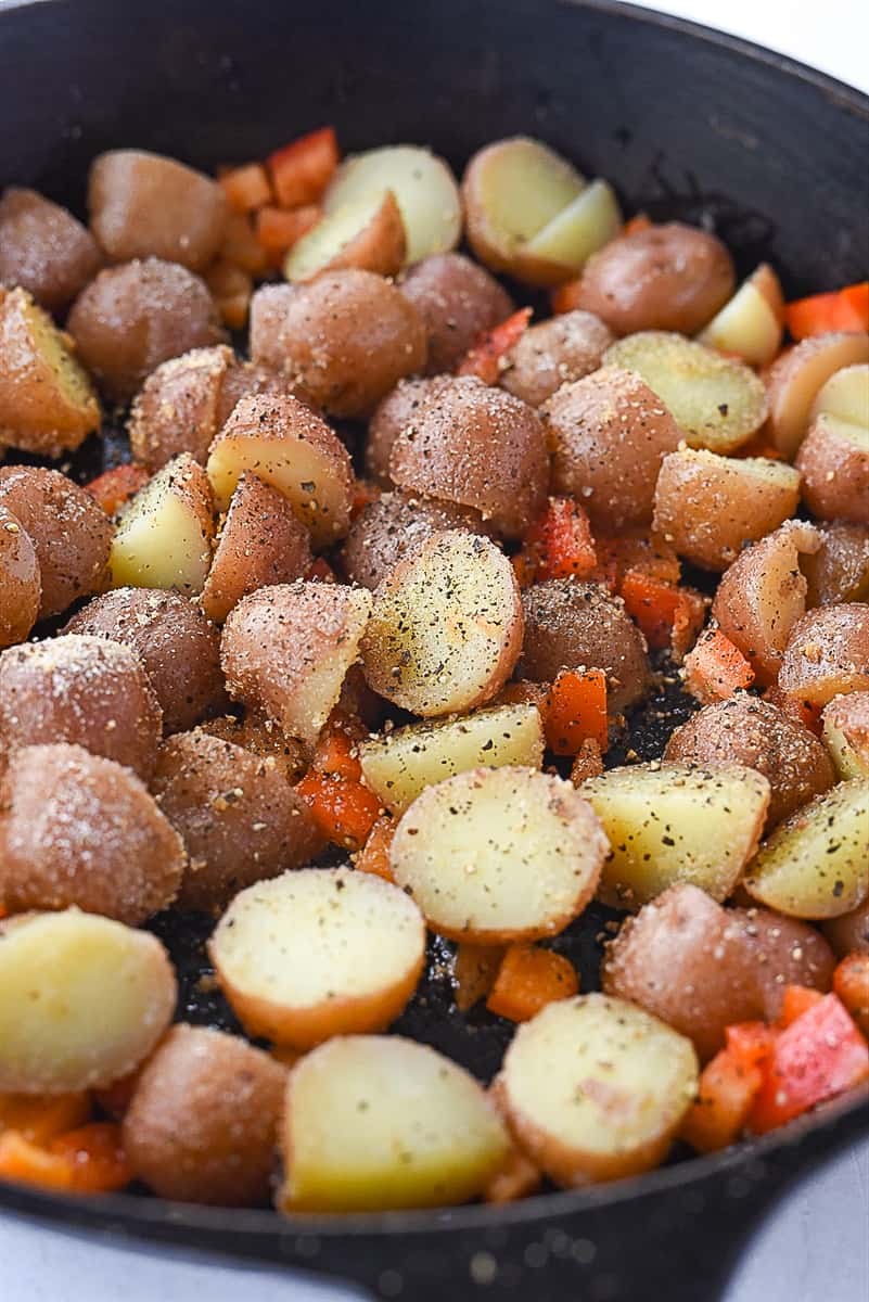 breakfast potatoes in a skillet.