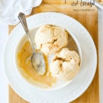 two scoops of pumpkin ice cream in a bowl