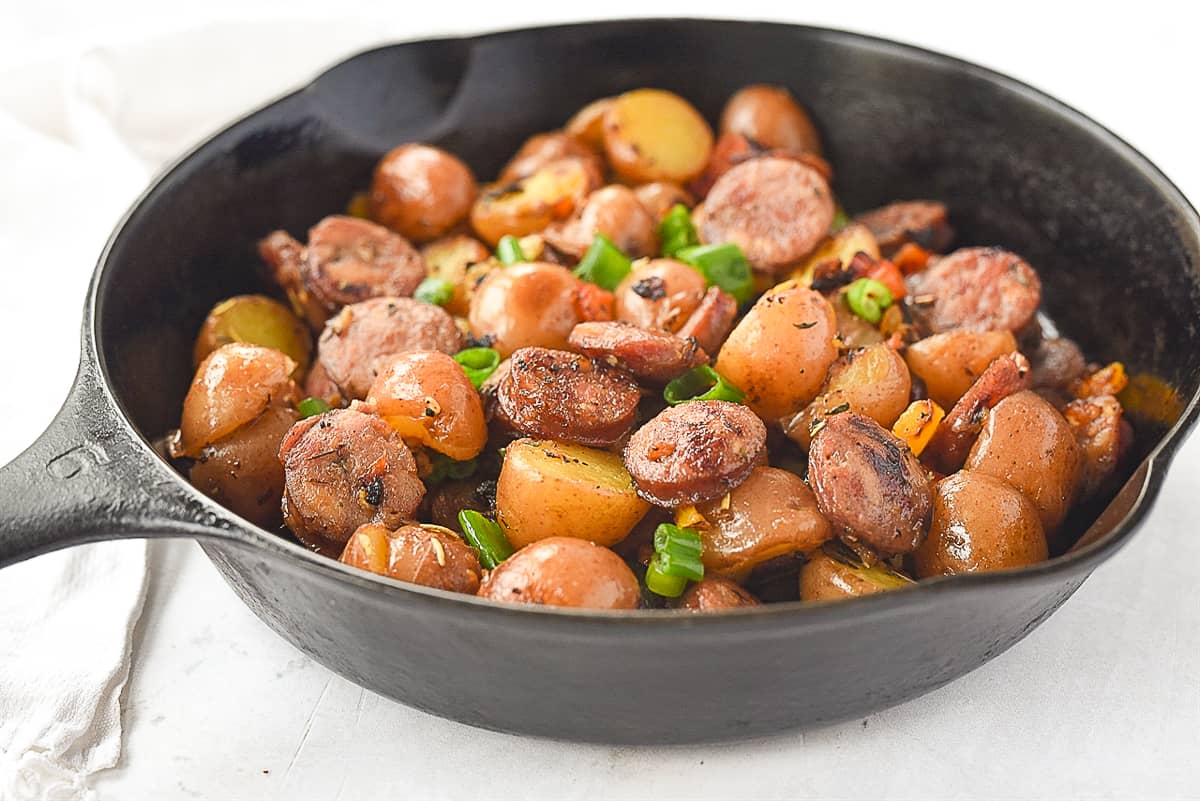 skillet potatoes in a cast iron pan