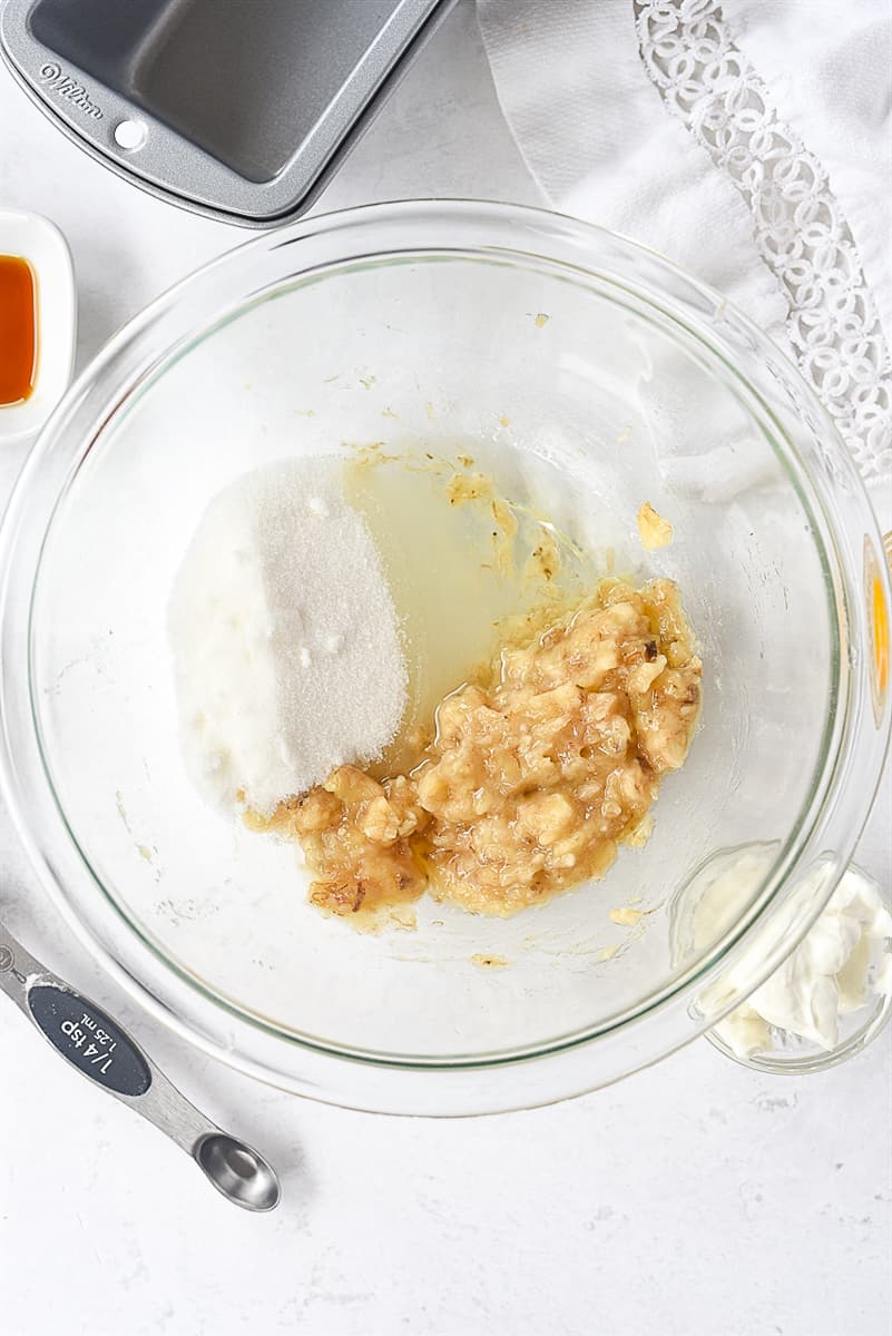 banana bread ingredients in bowl.