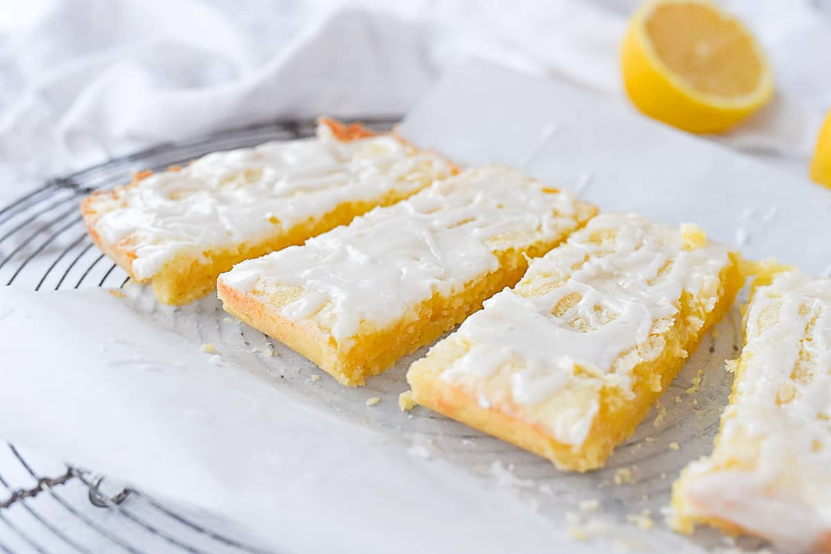 lemon bars cut into pieces.