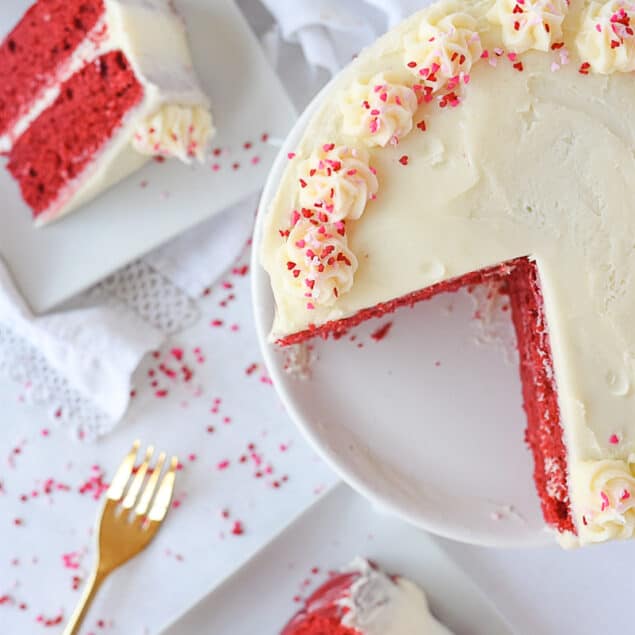 overhead shot of sliced red velvet cake