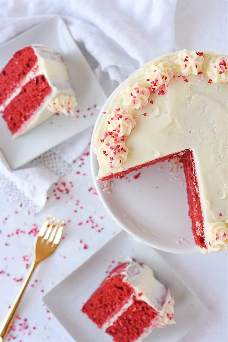 overhead shot of sliced red velvet cake