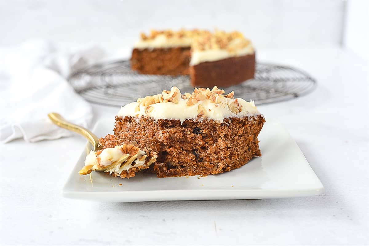 slice of carrot cake with a fork