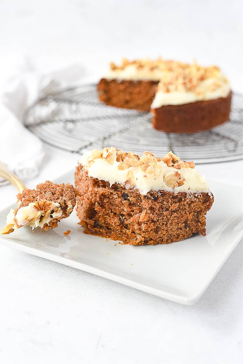 slice of carrot cake on a plate