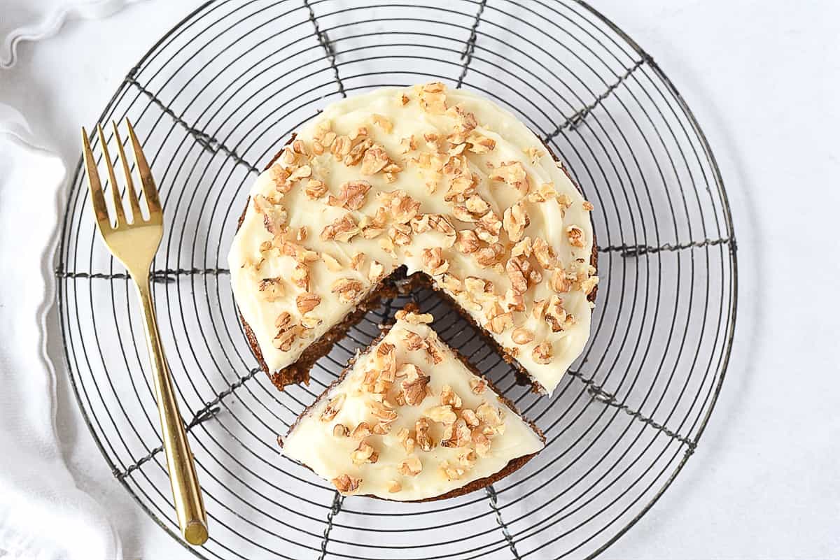 overhead shot of frosted carrot cake