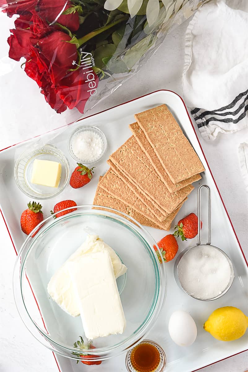 overhead shot of cheesecake ingredients