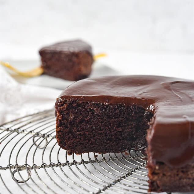 small batch chocolate cake on cooling rack