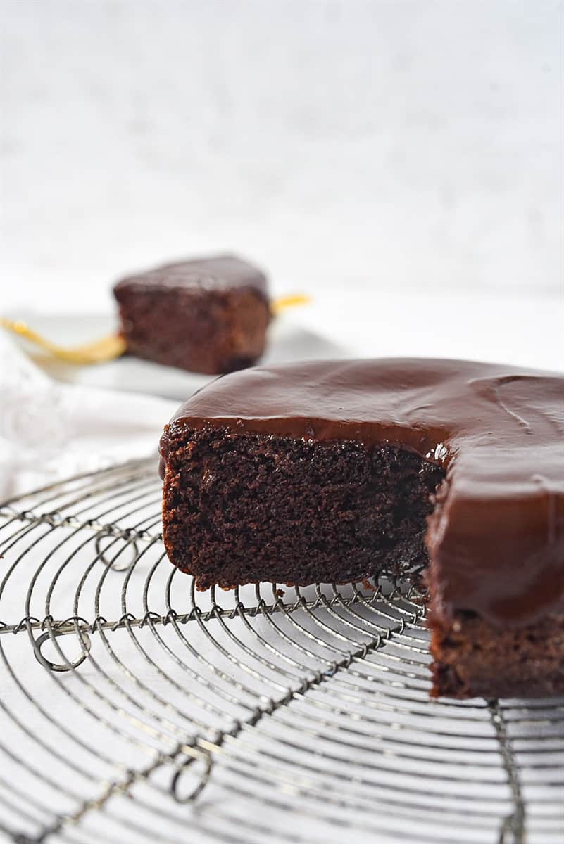 small batch chocolate cake on cooling rack