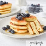 stack of small batch pancakes with blueberries on top