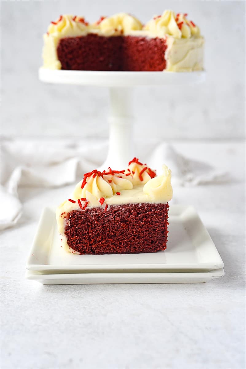 slice of red velvet cake on a plate