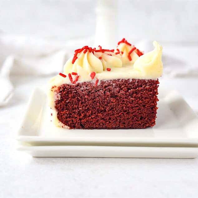 slice of red velvet cake on a plate