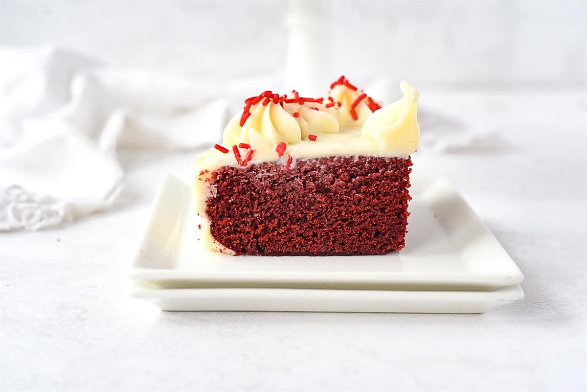 slice of red velvet cake on a plate