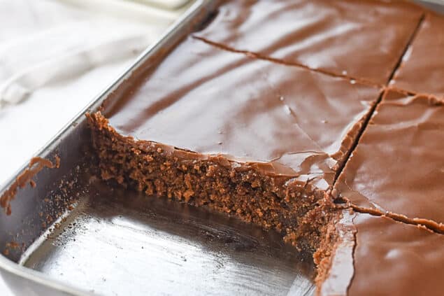 texas sheet cake for two in a baking pan