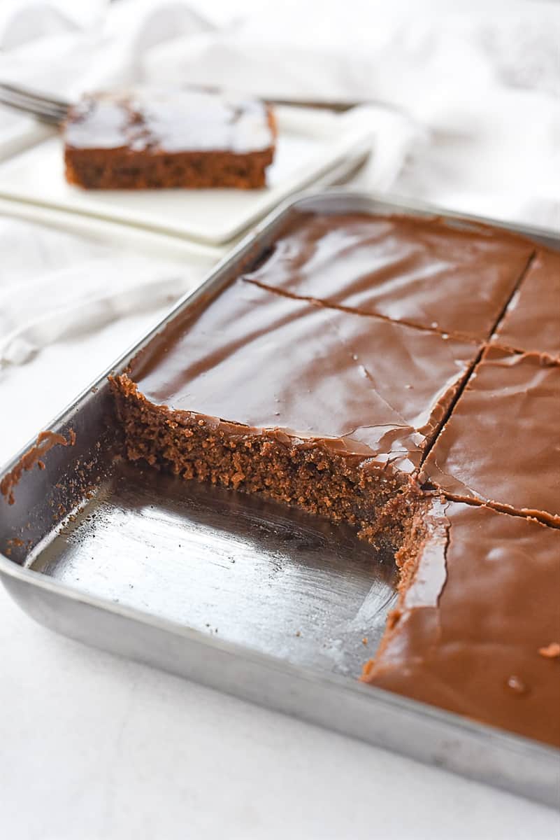 texas sheet cake for two in a baking pan