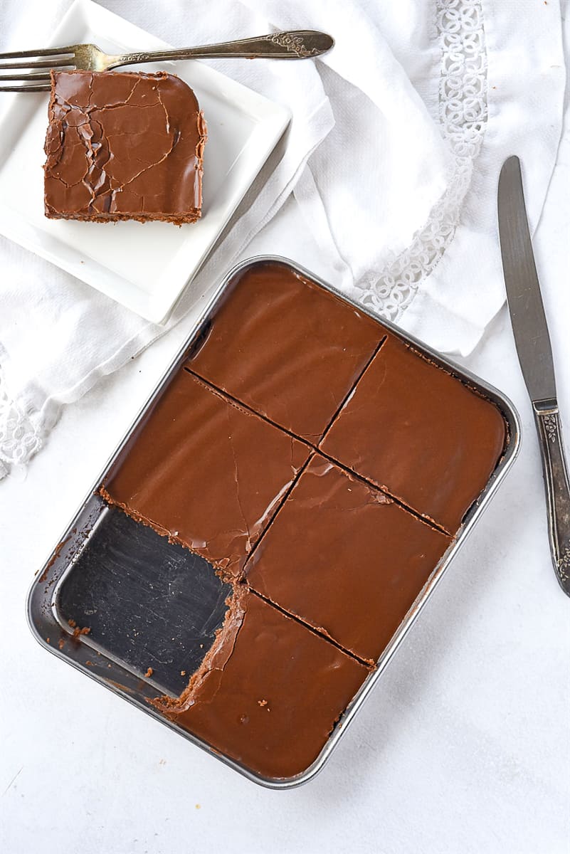 overhead shot of texas sheet cake for two