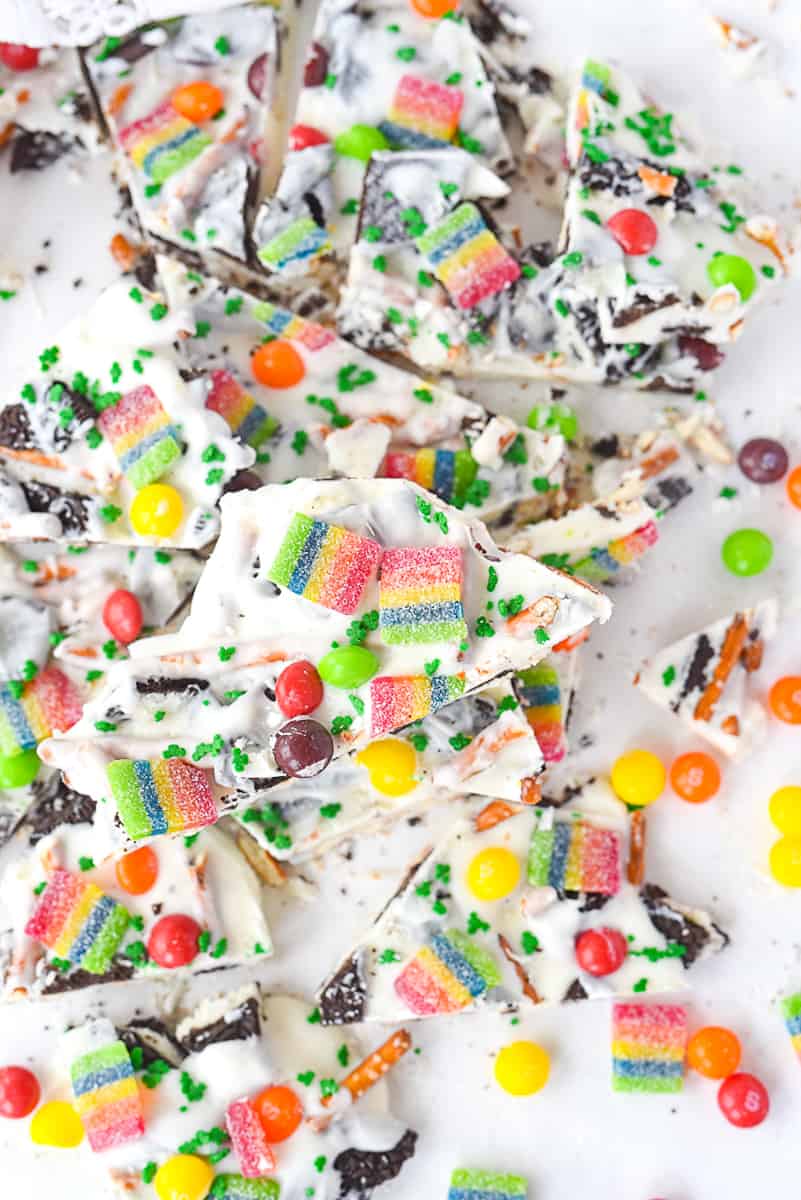 leprechaun cookie bark broken into pieces