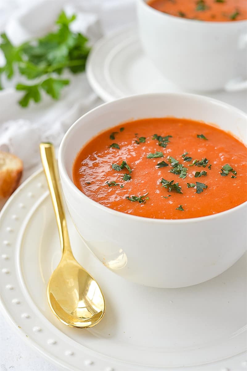 closeup of a bowl of roasted red pepper and tomato soup