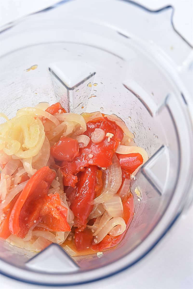 peppers and onions in a blender.