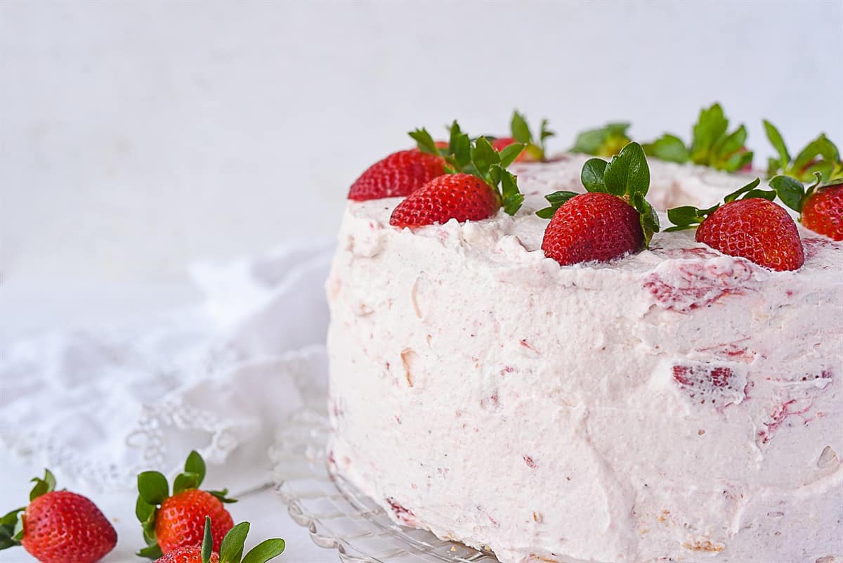 side view of strawberry cream cake