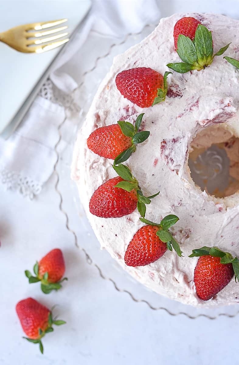 overhead view of srawberry cream cake