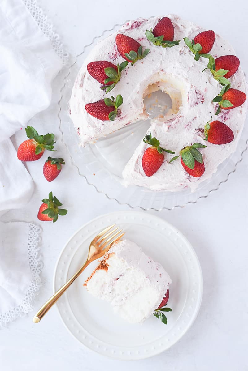 overhead shot of a slice of strawberry cake