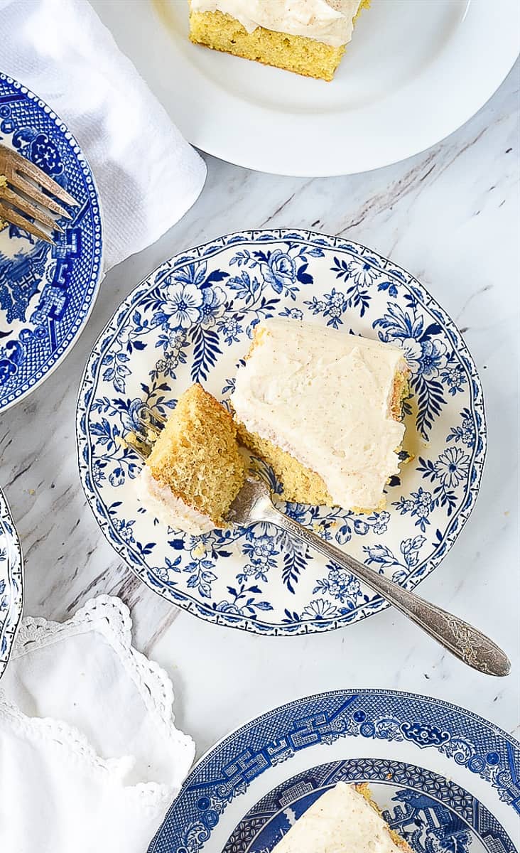 overhead shot of slice of brown butter cake