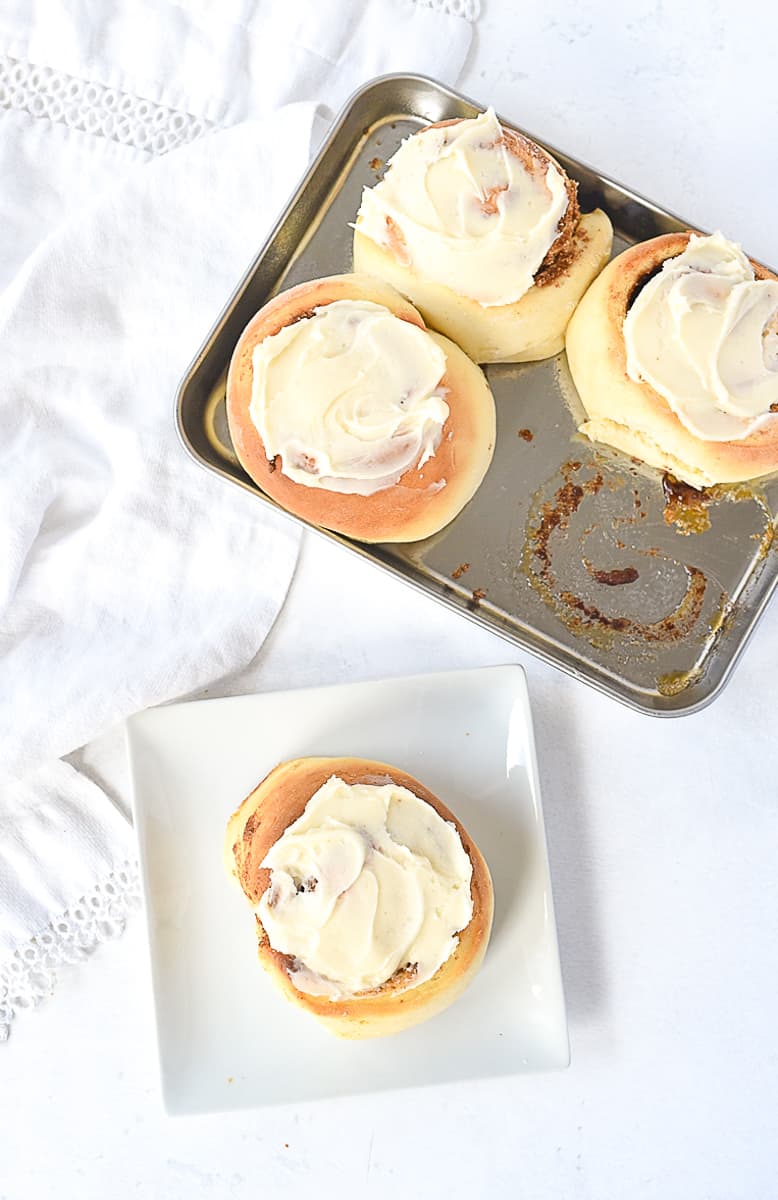 overhead shot of four cinnamon rolls