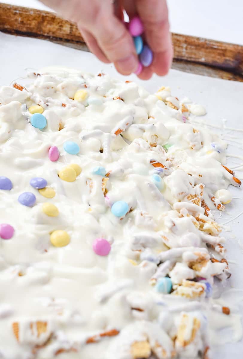 sprinkling easter bark with m & M's