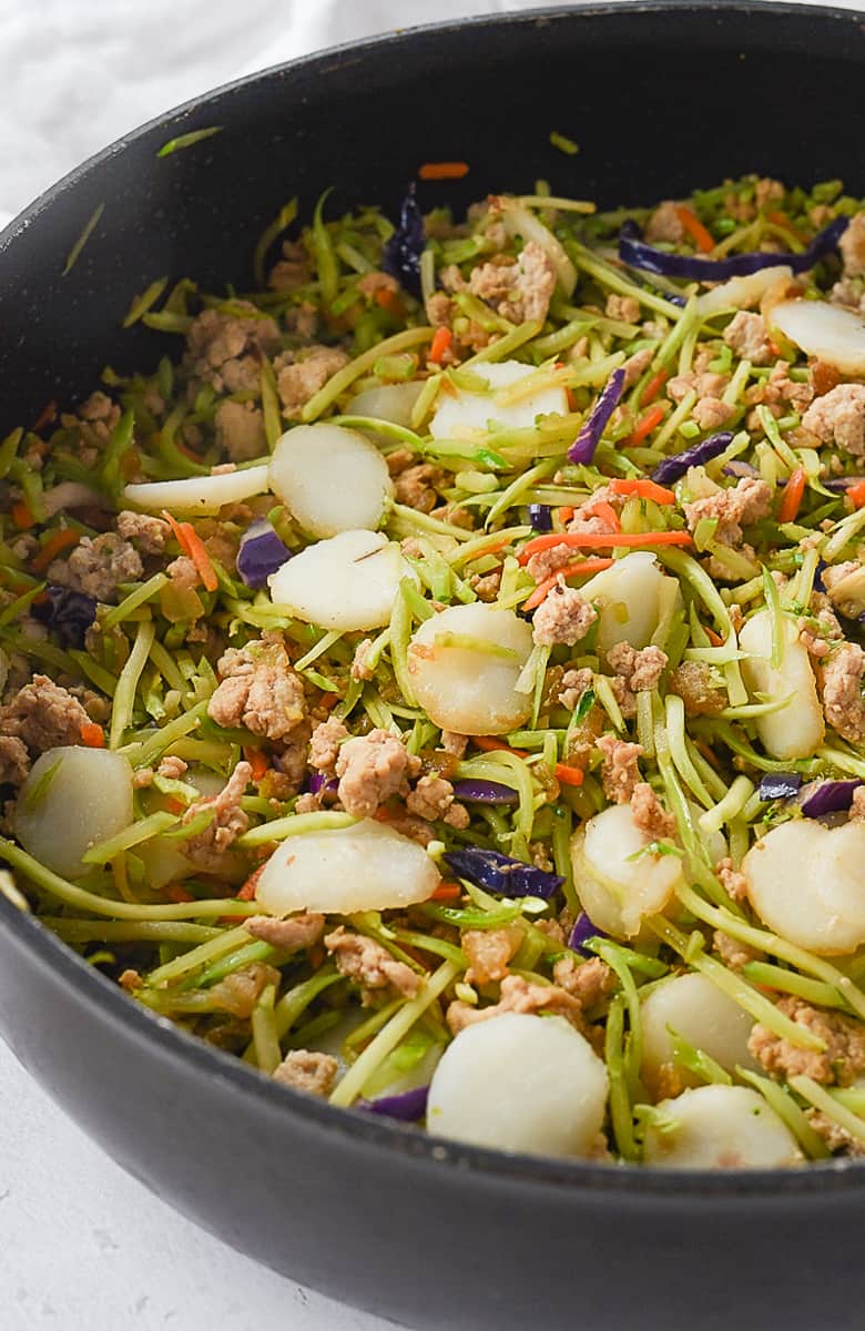 chicken lettuce wraps in a frying pan