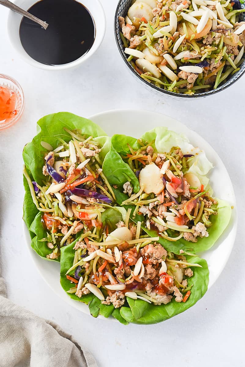 overhead shot of chicken lettuce wraps on a plate