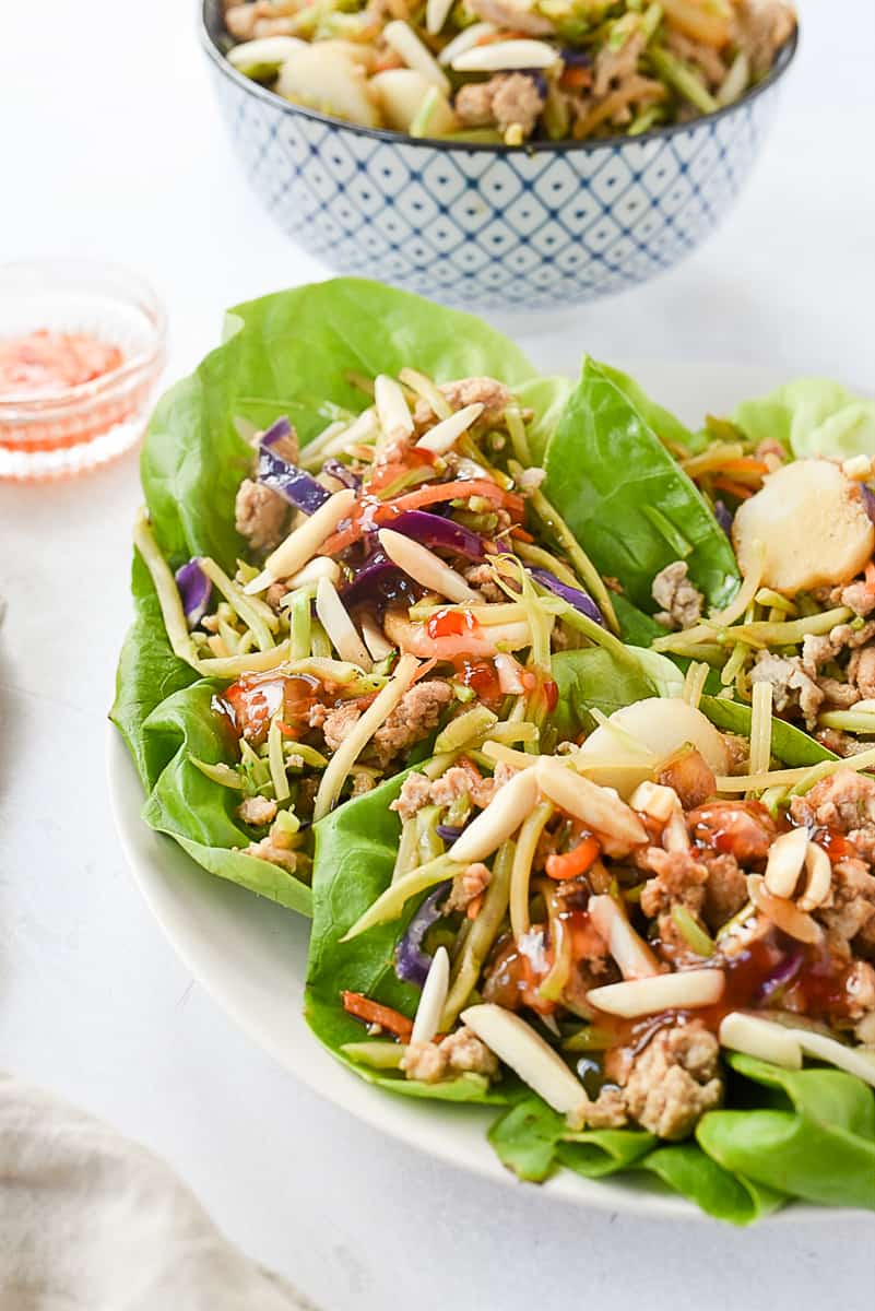 chicken lettuce wraps easy chicken lettuce wraps on a plate