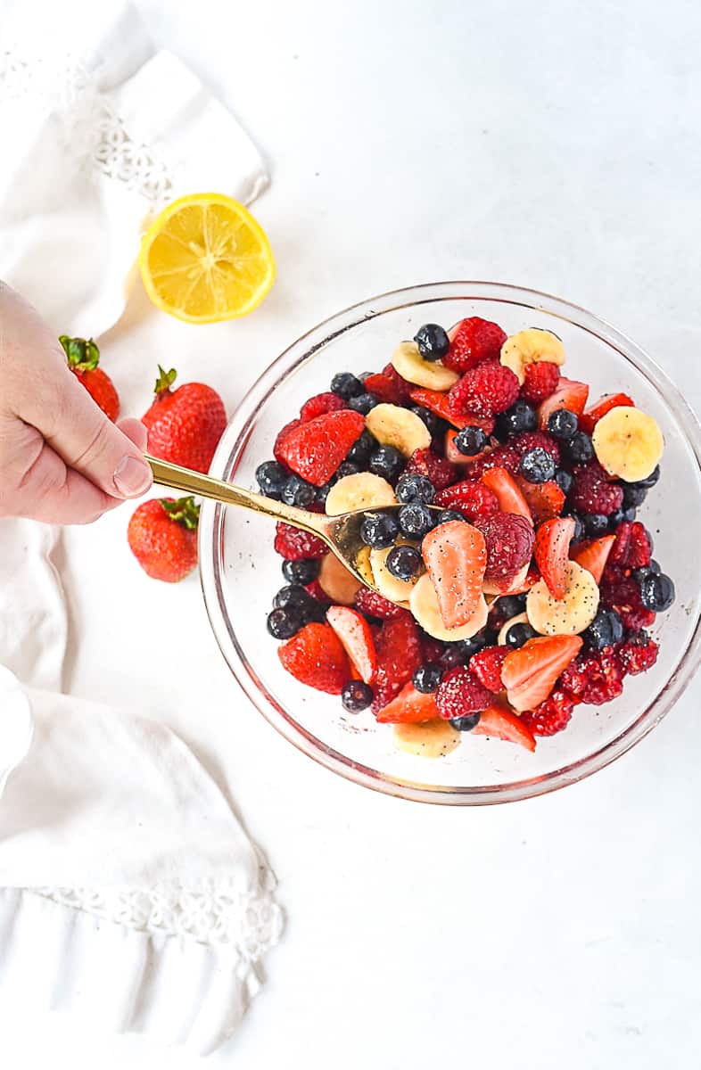 overhead shot of spoonful of fruit salad