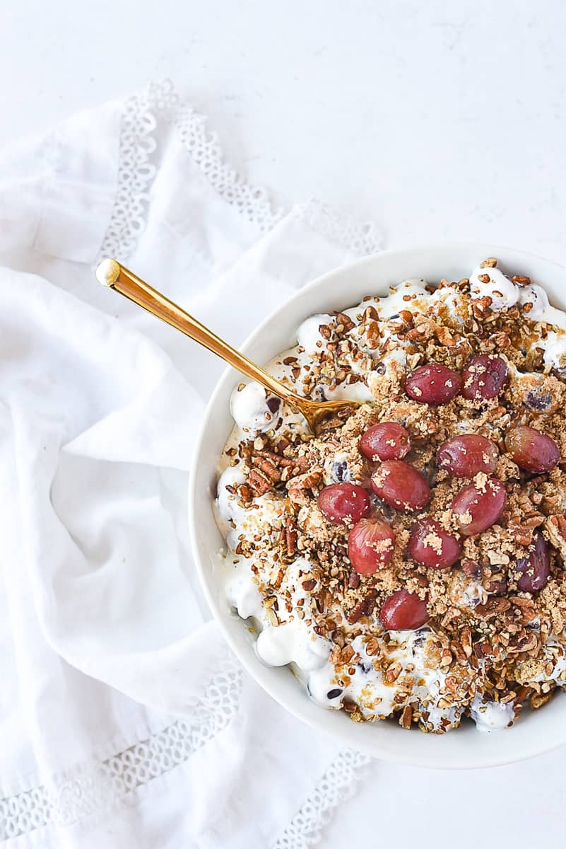 overhead shot of grape salad in a bowl