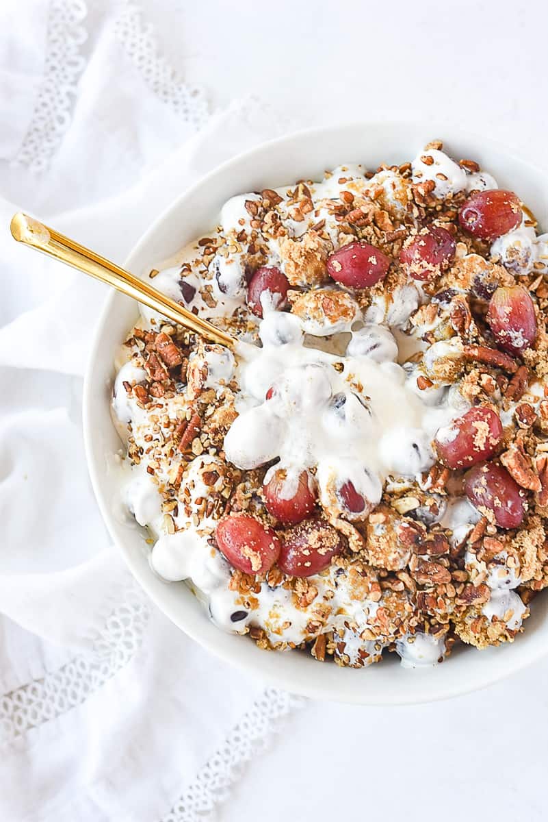 overhead shot of bowl of grape salad